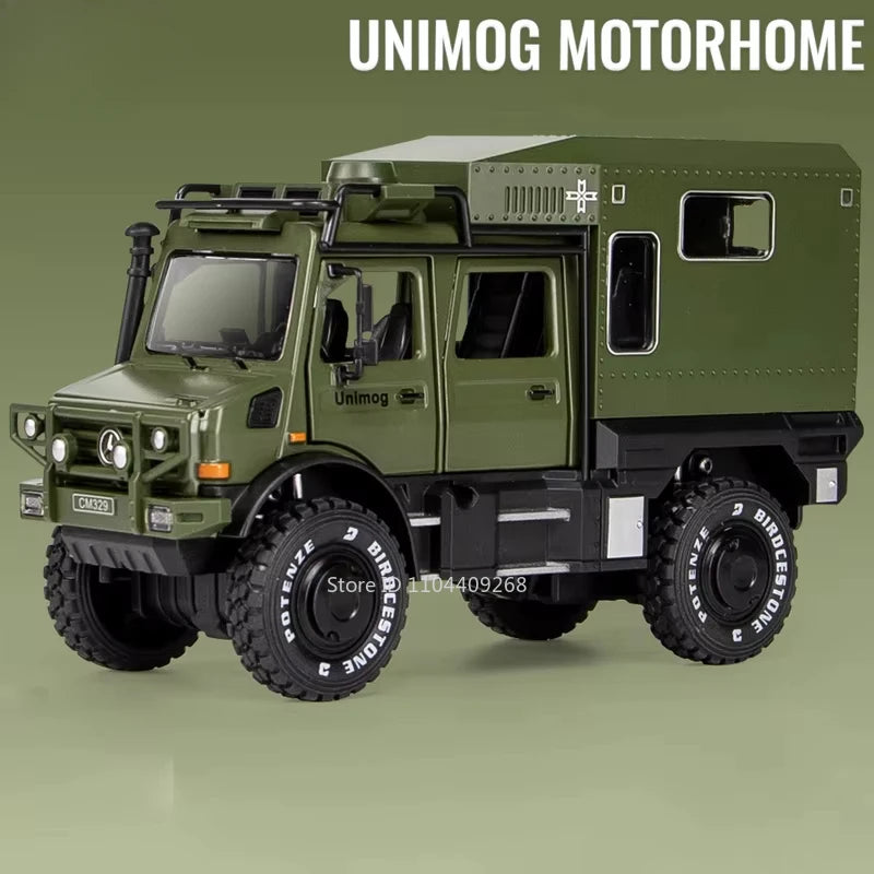 1:28 Scale Unimog U5000 Land Rover Defender Toy Car Model Rubber Tire Alloy Diecast Sound Light Off-Road Vehicle Child Toy
