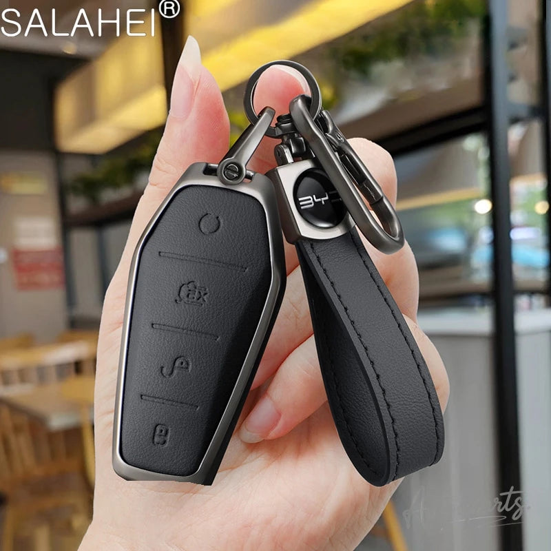 Metal Leather Car Key Case Cover For BYD Song Plus Atto 3 Han EV Yuan Tang DM 2018 Qin Seal Dolphin E2 Auto Keychain Accessories