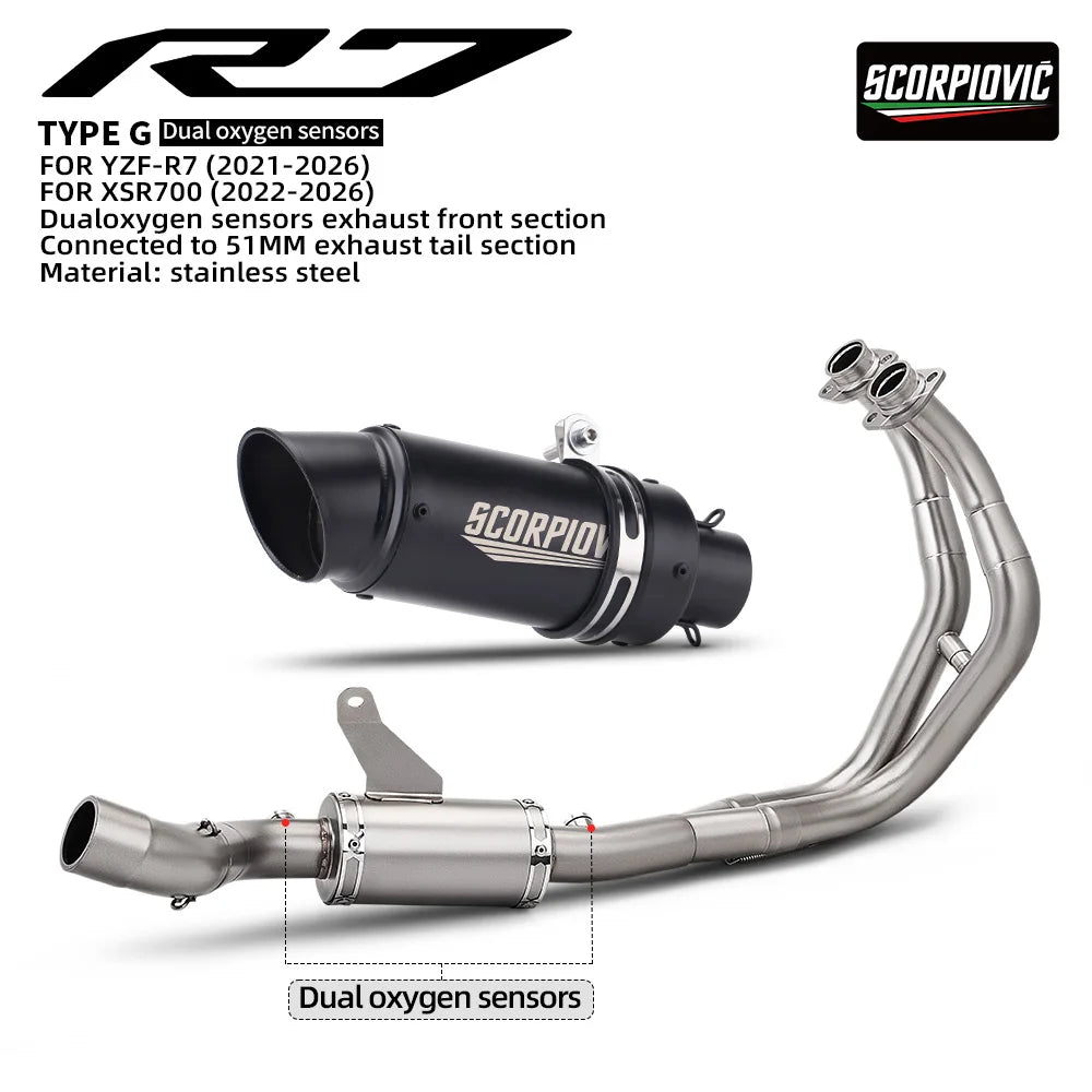 For YZF-R7 XSR700 MT-07 Motorcycle Exhaust Full System Front Pipe With Dual O2 Sensor And Slip-On Tail Muffler Moto Parts