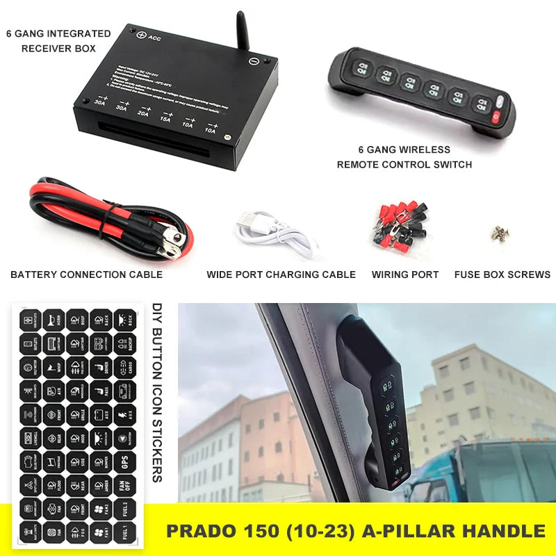 6 Gang A-Pillar Wireless Grab Handle Switch Panel 95A Aluminum for Toyota, HILUX, FJ CRUISER, LAND CRUISER, PRADO, TUNDRA