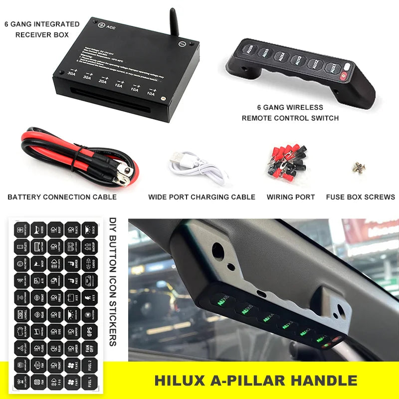 6 Gang A-Pillar Wireless Grab Handle Switch Panel 95A Aluminum for Toyota, HILUX, FJ CRUISER, LAND CRUISER, PRADO, TUNDRA