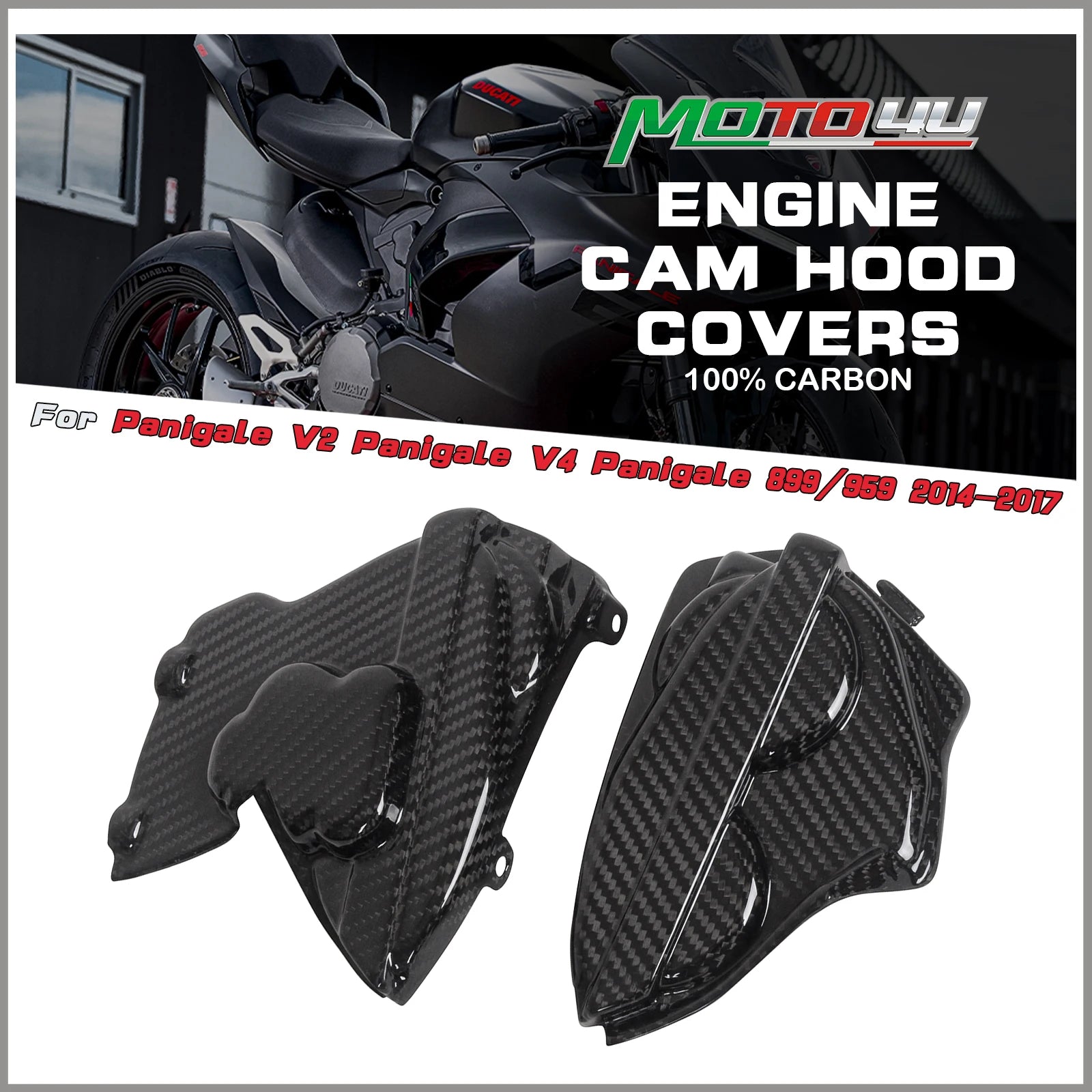 MOTO4U For Ducati Panigale V2 V4 899/959 2014 2015 2016 2017 100% Carbon Fiber Motorcycle Engine Cam Hood Covers Bonnet 2PCS