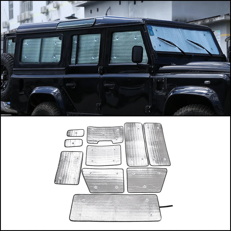 For Land Rover Defender 110 2004-2018 10Pcs Complete Window Sun Shade Kit Aluminium Foil UV Protection Full Set