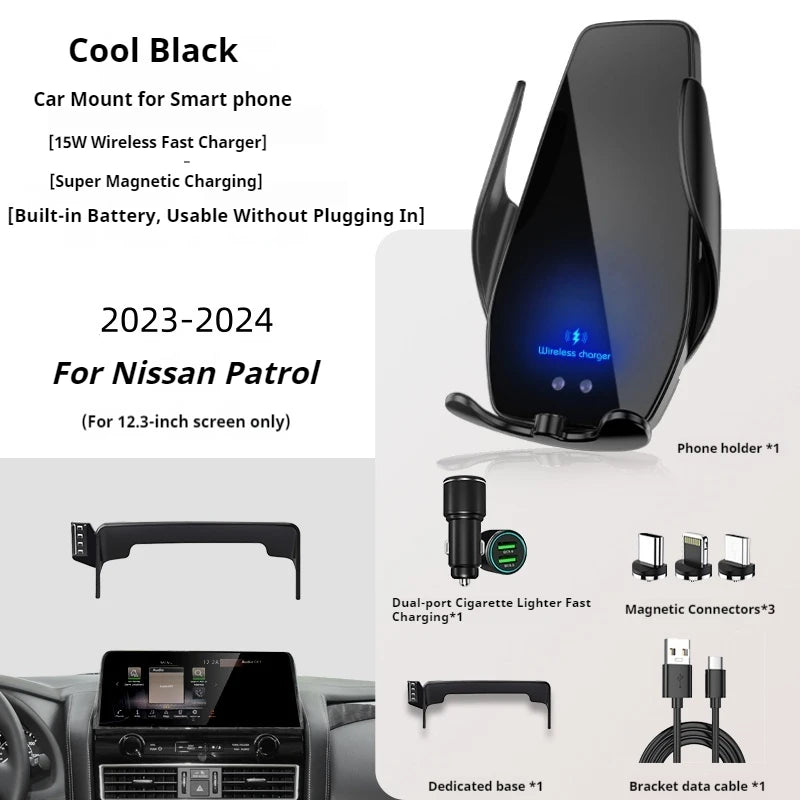 2023-2024 For Nissan Patro Safari Armada Car Screen Phone Holder Wireless Charger Phones Mount 12.3 Inch Size