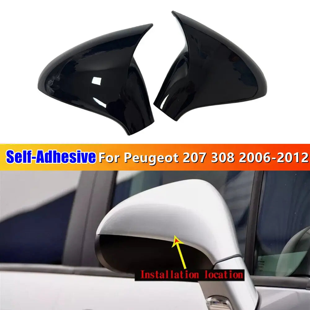For Peugeot 207 308 2006 2007 2008-2012 ABS Car Rearview Side Mirror Cover Wing Cap Exterior Door Housing Trim Adhesive Sticker