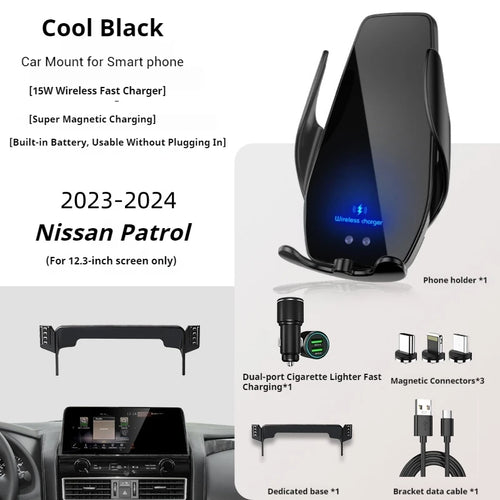 2023-2024 For Nissan Patro Safari Armada Car Screen Phone Holder Wireless Charger Phones Mount 12.3 Inch Size