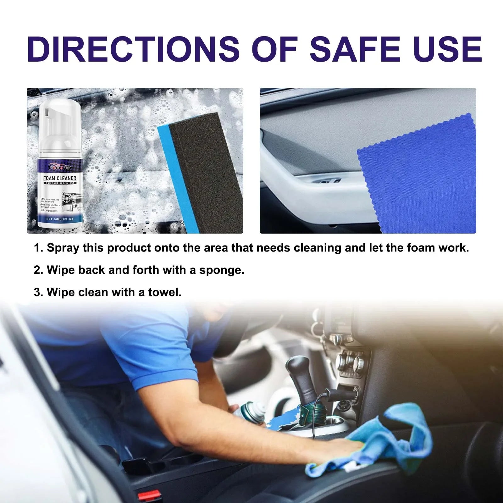 Specialized detergent for car interior deeply cleans dirt on seats, refreshes faded interior surfaces, enhances gloss and provides lasting care protection to keep the car interior tidy and new-looking. Overseas Warehouse Delivery