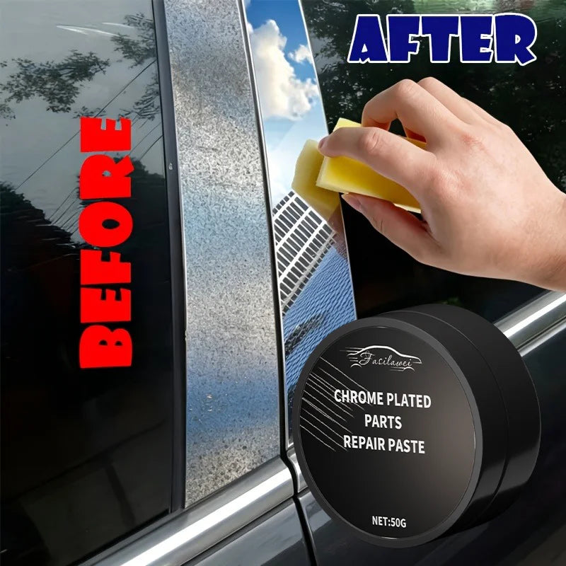 Chrome Restoration Paste for Cars - Metal Polishing Paste with Sponge for Wheels Door Handles & Windows Exterior Vehicle Care