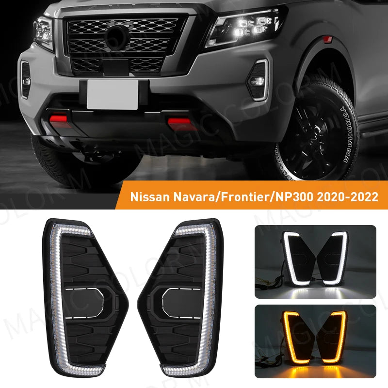 Car DRL For Nissan Navara NP300 Frontier 2020 2021 2022 Led Daytime Running Light Driving Fog White Yellow Turn Signal Lamp 12V