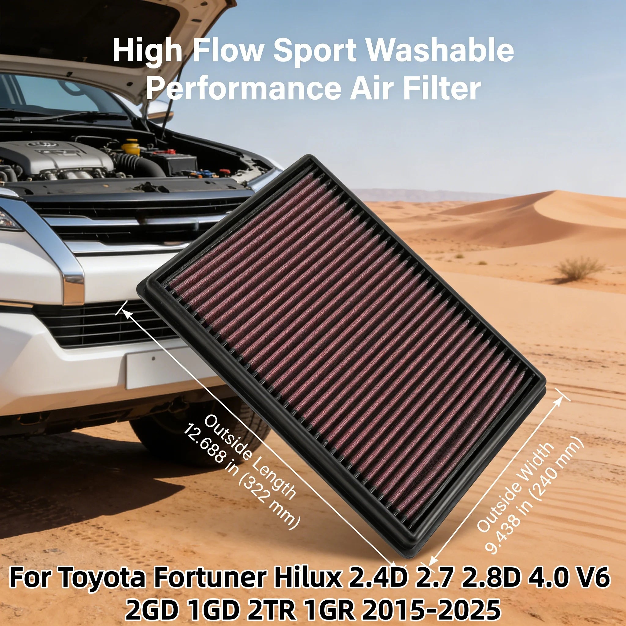 For Toyota Fortuner Hilux 2.4D 2.7 2.8D 4.0 V6 2GD 1GD 2TR 1GR 2015-2025 High Flow Air Filter Intake System Replacement 33-3045