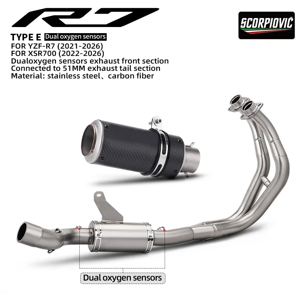 For YZF-R7 XSR700 MT-07 Motorcycle Exhaust Full System Front Pipe With Dual O2 Sensor And Slip-On Tail Muffler Moto Parts
