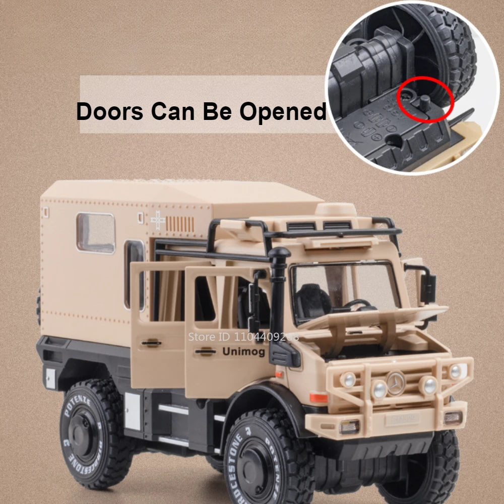1:28 Scale Unimog U5000 Land Rover Defender Toy Car Model Rubber Tire Alloy Diecast Sound Light Off-Road Vehicle Child Toy