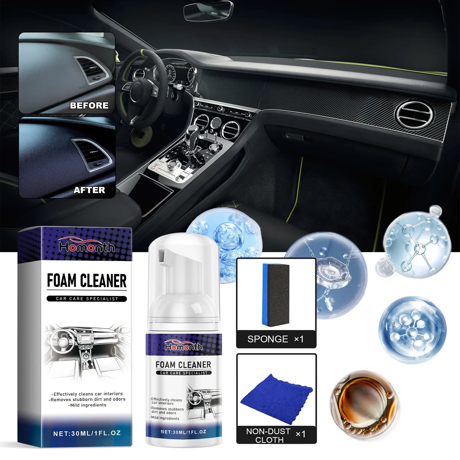 Specialized detergent for car interior deeply cleans dirt on seats, refreshes faded interior surfaces, enhances gloss and provides lasting care protection to keep the car interior tidy and new-looking. Overseas Warehouse Delivery