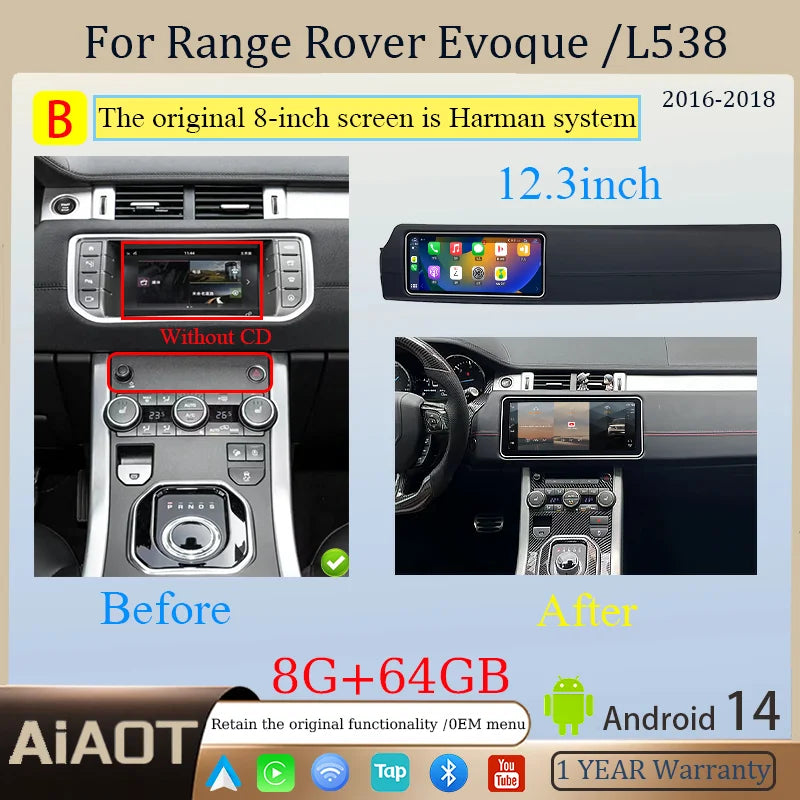12.3inch Android14  For2012-2018 Range Rover Evoque L538 Multimedia Player Car GPS Radio Wireless Carplay Auto Original OEM Menu