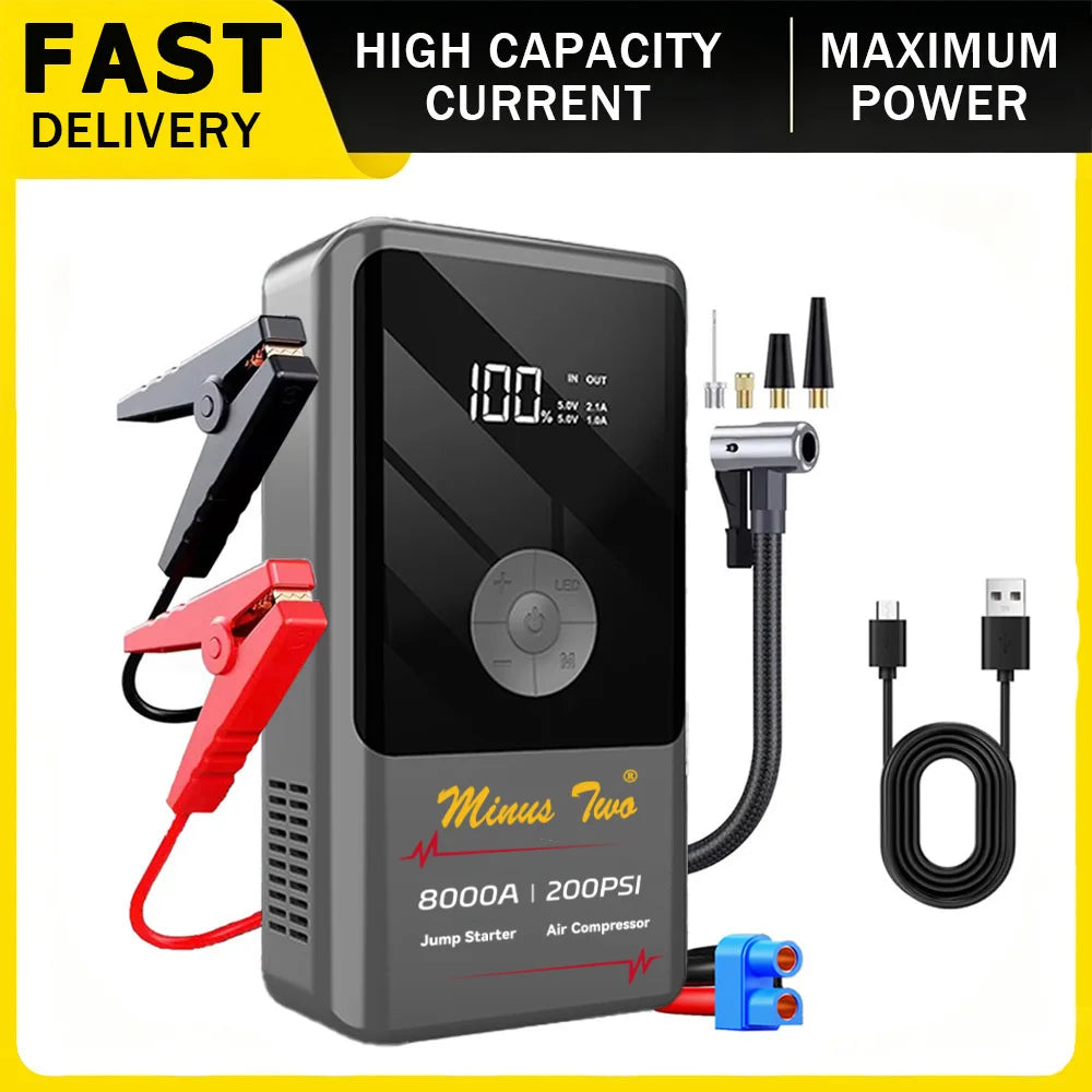 2000A Jump Starter with 160PSI Air Compressor, 12V Car Battery Booster, 65W Fast Charge, 88.6 WHPortable Tire Inflator
