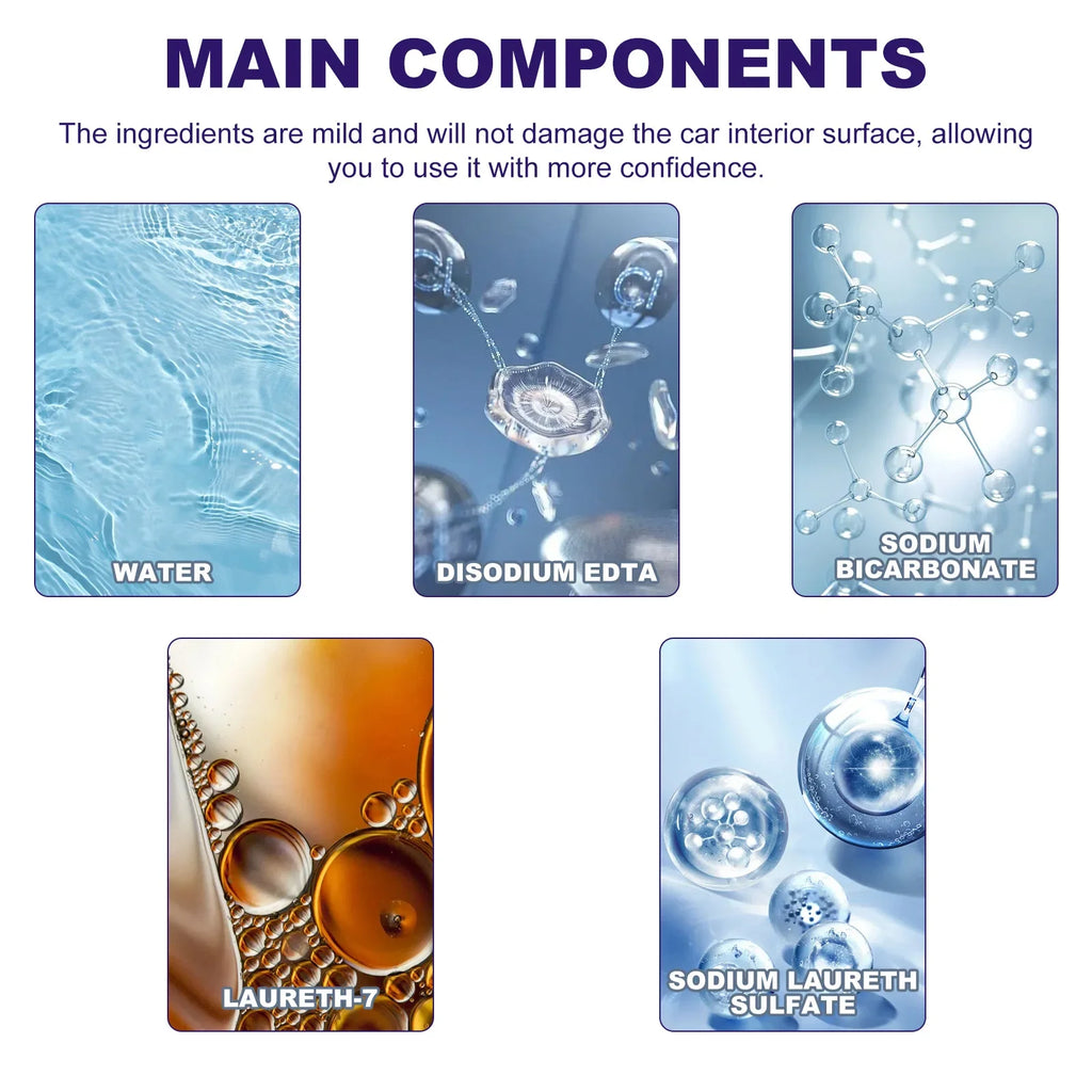 Specialized detergent for car interior deeply cleans dirt on seats, refreshes faded interior surfaces, enhances gloss and provides lasting care protection to keep the car interior tidy and new-looking. Overseas Warehouse Delivery