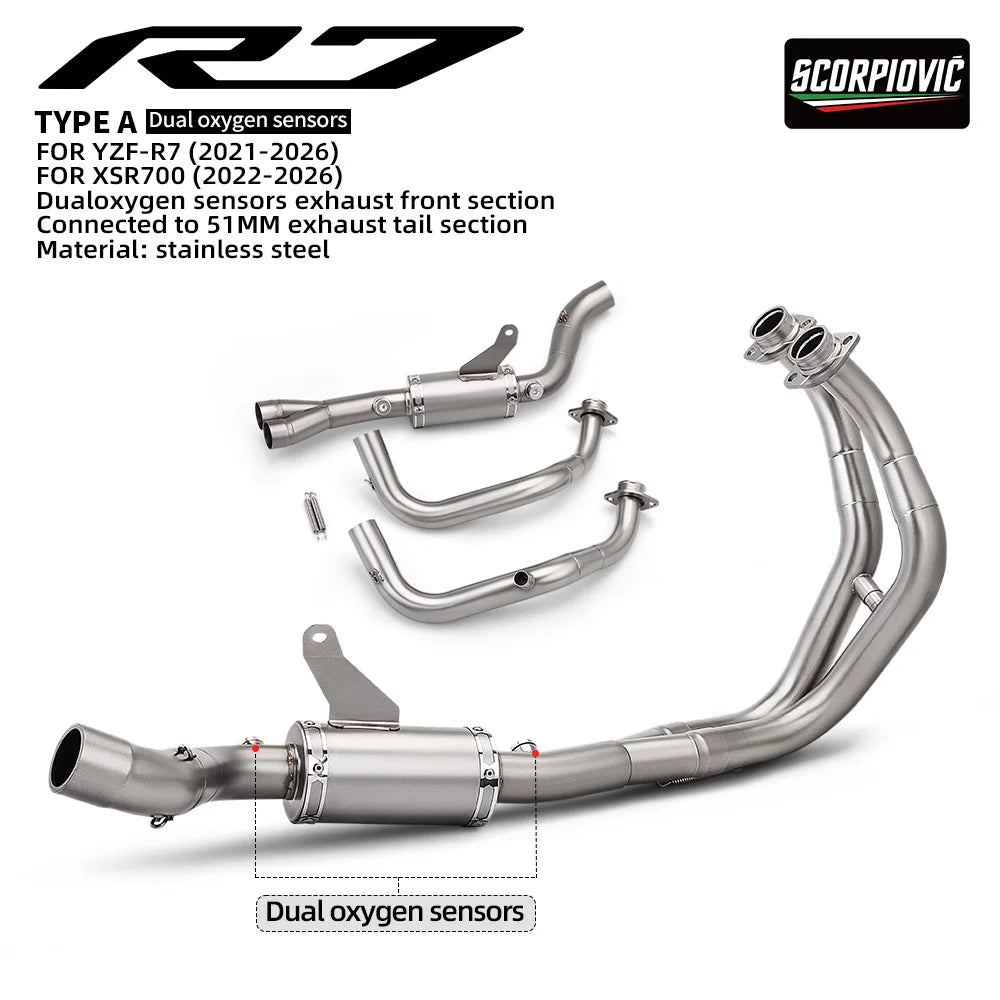 For YZF-R7 XSR700 MT-07 Motorcycle Exhaust Full System Front Pipe With Dual O2 Sensor And Slip-On Tail Muffler Moto Parts