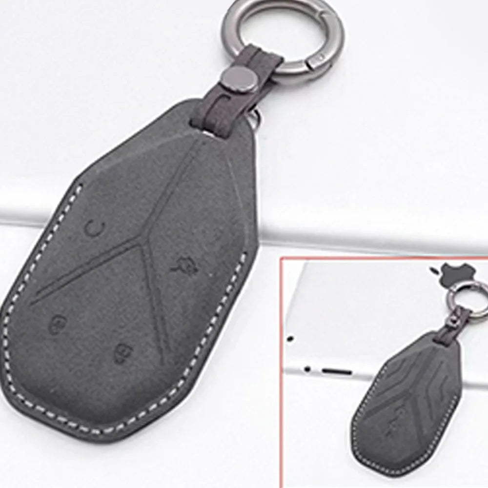 For BYD Leopard 5 & 8  Denza B5 2023-2026 Genuine Leather & Suede Smart Key Fob Case Cover Keychain Protection Accessories