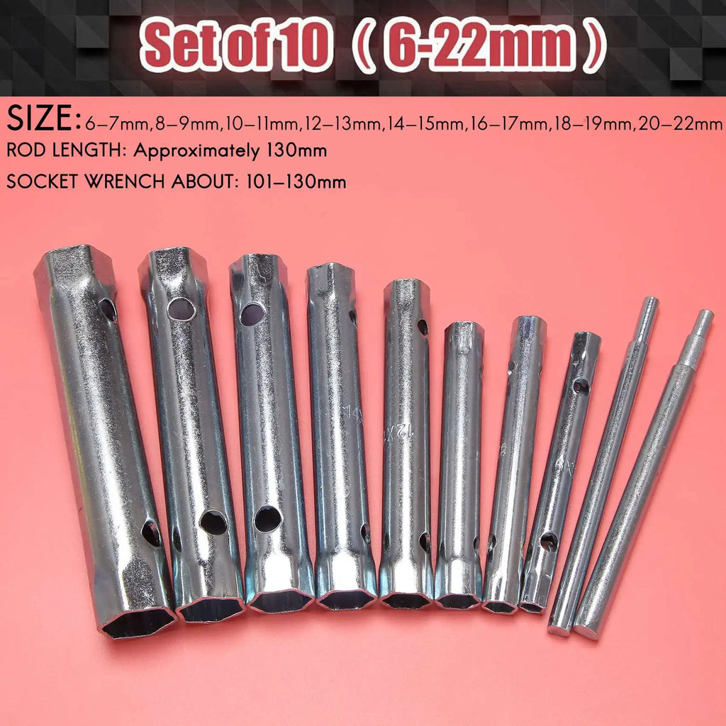 AB09 10Pcs 6-22mm Metric Tubular Box Wrench Set Tube Bar Spark-Plug Spanner Steel Double Ended for Automotive Plumb Repair