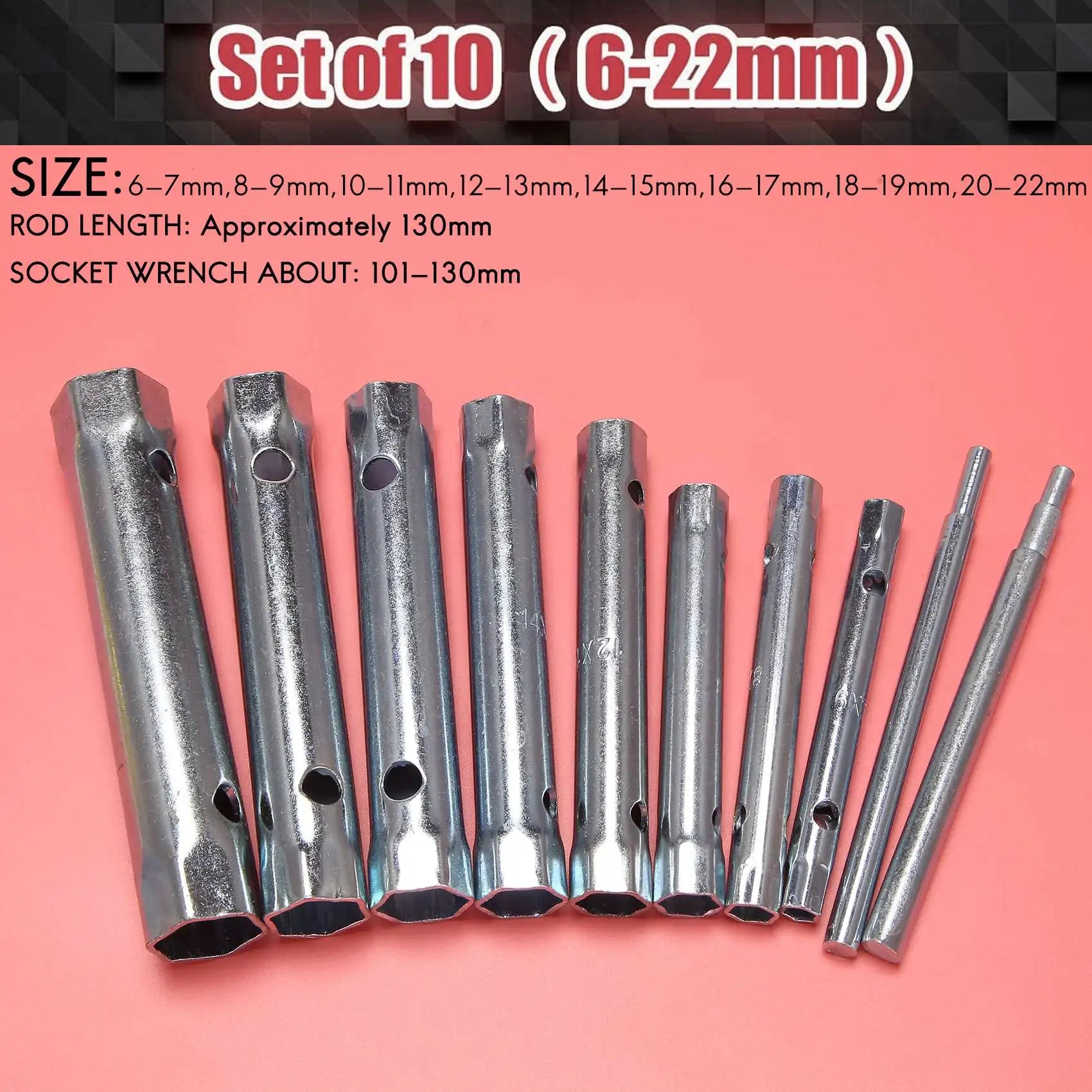 AB09 10Pcs 6-22mm Metric Tubular Box Wrench Set Tube Bar Spark-Plug Spanner Steel Double Ended for Automotive Plumb Repair