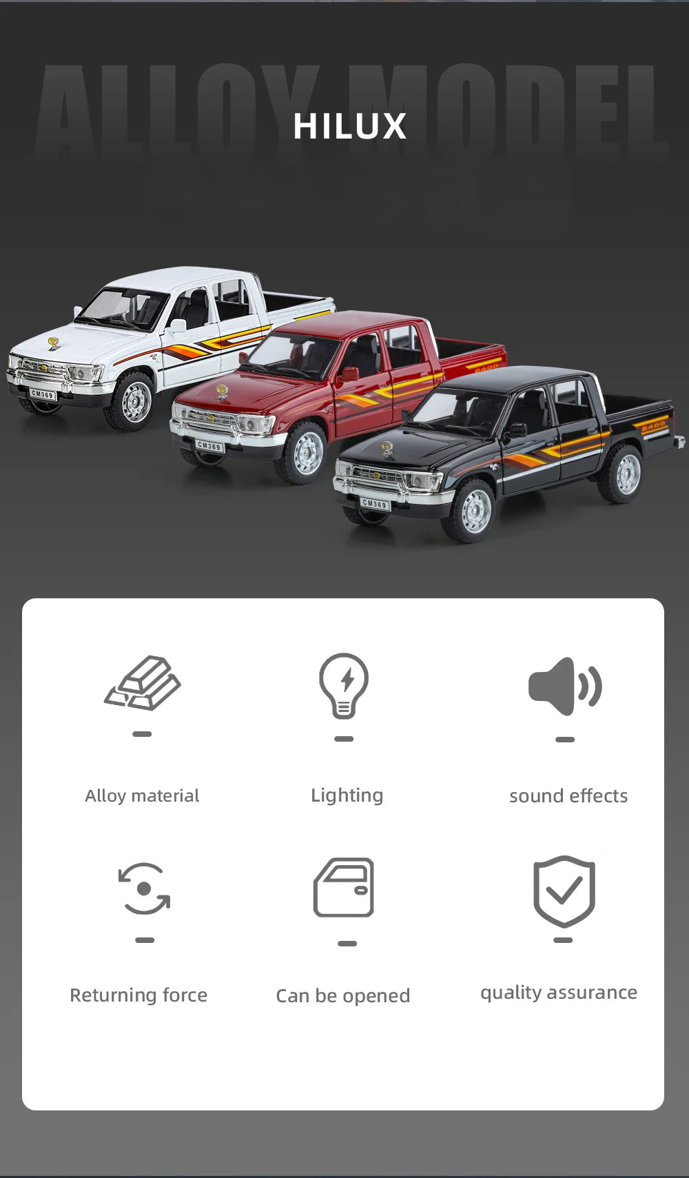 1:32 Toyota Hilux Off Road Pickup Truck Alloy Diecast Metal Model Hight Simulation Sound Light Toy Desktop Ornaments Boys Gifts