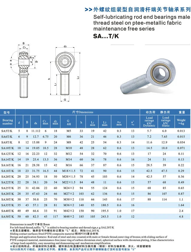 5mm/6mm/8mm/10mm/12mm/16mm/18mm/20mm/22mm/25mm Male/Female SA SI T/K POSA8 PHSA8 Ball Joint Metric Threaded Rod End Bearing