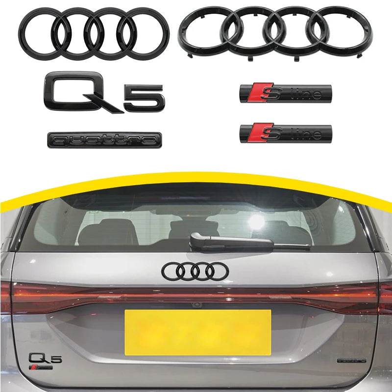 For Audi S Line Q8 2018-2024 4Ring Logo 315mm 230mm ABS Car Hood Front Bonnet Grill Rear Trunk Emblem Badge Stickers Accessories