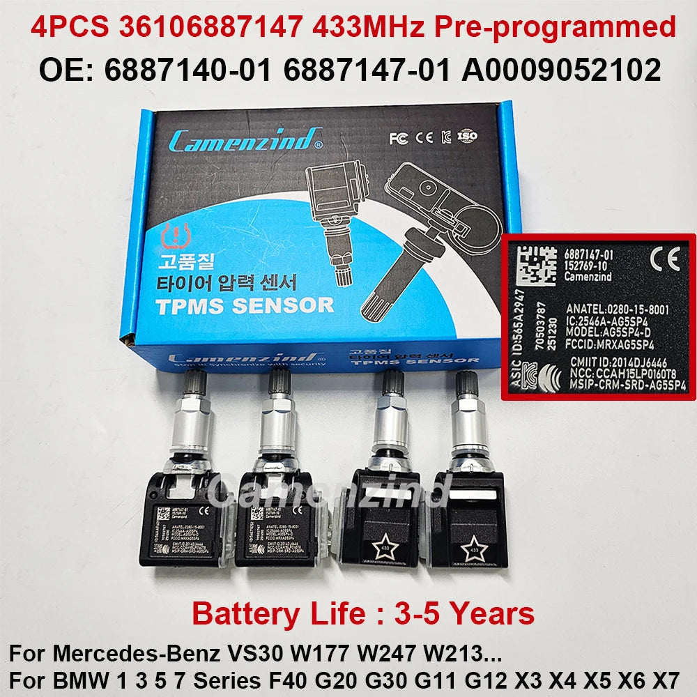 4PCS TPMS Sensor 36106887147 A0009052102 433MHz For Benz VS30 W177 W247 W213 BMW G30 G20 X3 X5 6887147-01 6887140-01 0009052102