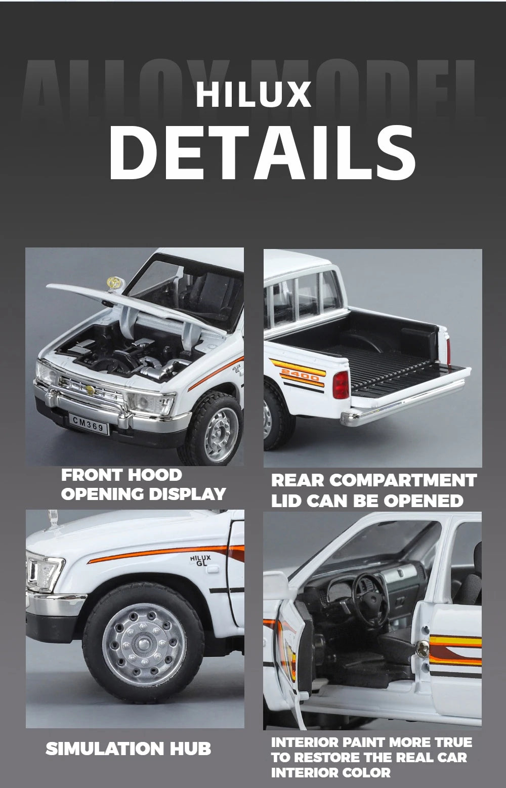 1:32 Toyota Hilux Off Road Pickup Truck Alloy Diecast Metal Model Hight Simulation Sound Light Toy Desktop Ornaments Boys Gifts