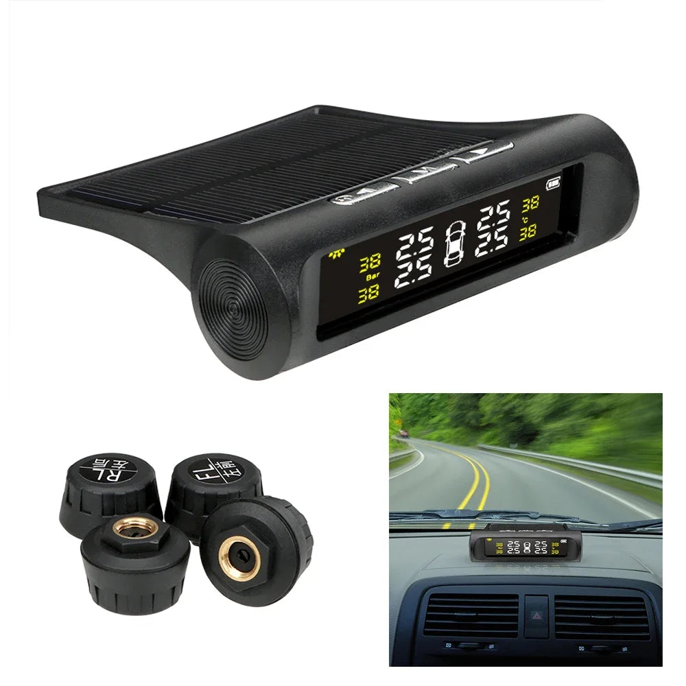 TPMS Solar Tire Pressure Sensor Car Tire Pressure Monitoring System with 4 Wheel Internal External Sensors TMPS