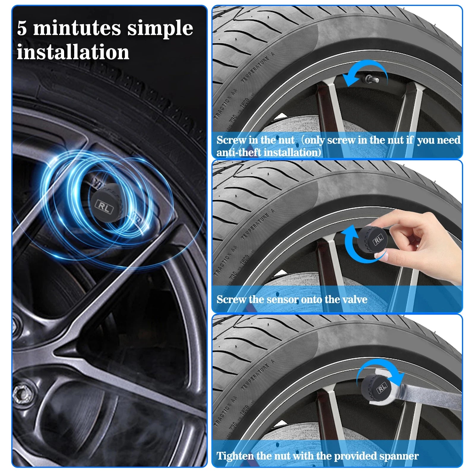 TPMS Solar Tire Pressure Sensor Car Tire Pressure Monitoring System with 4 Wheel Internal External Sensors TMPS