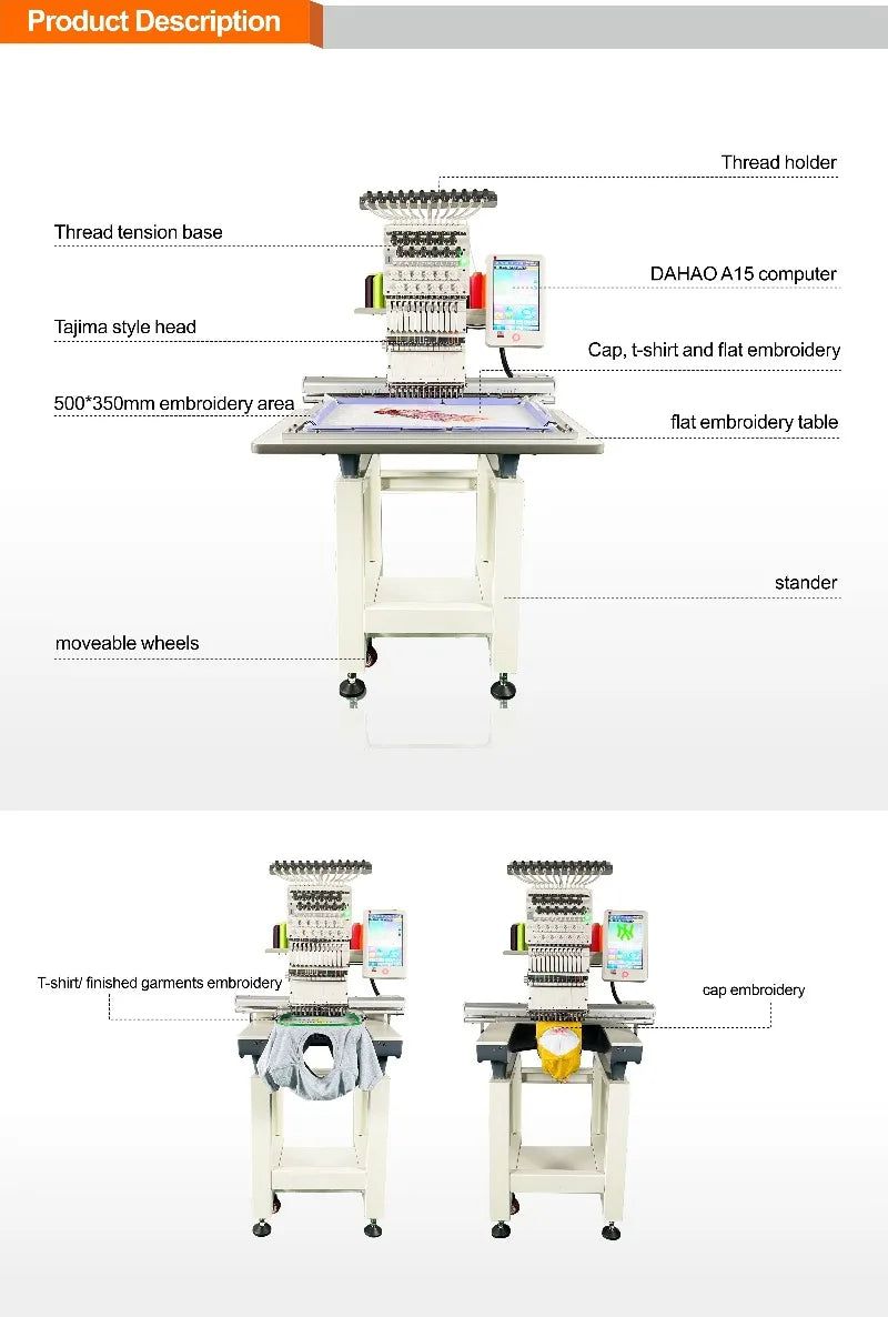 Computerized Embroidery Machine T-shirt Logo Cap Embroidery Industrial Grade Smart Motor High Speed for Home Business