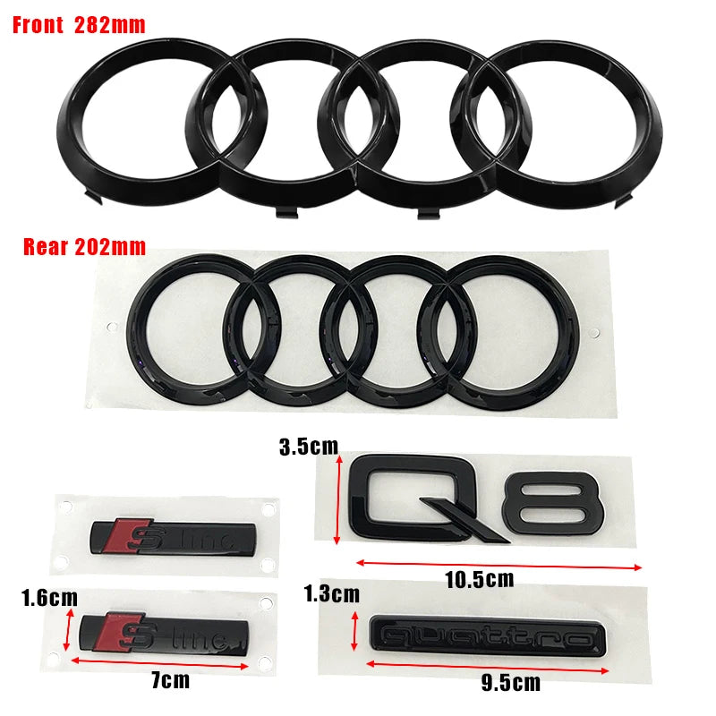 For Audi S Line Q8 2018-2024 4Ring Logo 315mm 230mm ABS Car Hood Front Bonnet Grill Rear Trunk Emblem Badge Stickers Accessories