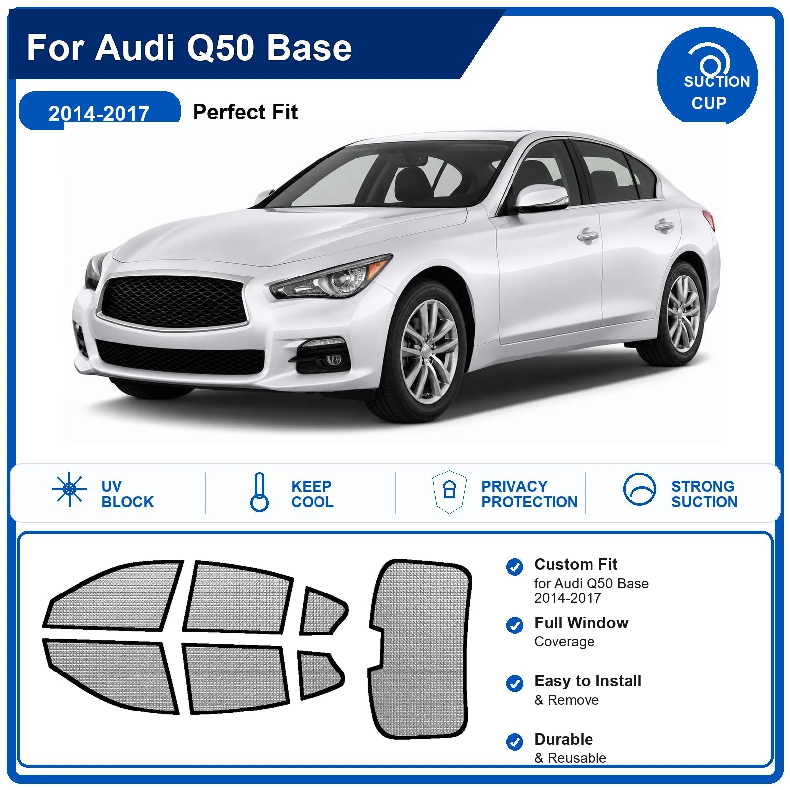 For Audi Q50 Base 2014-2017 Custom Full Set Windshield Sun Shade Aluminum Foil Heat Insulation Anti UV Foldable