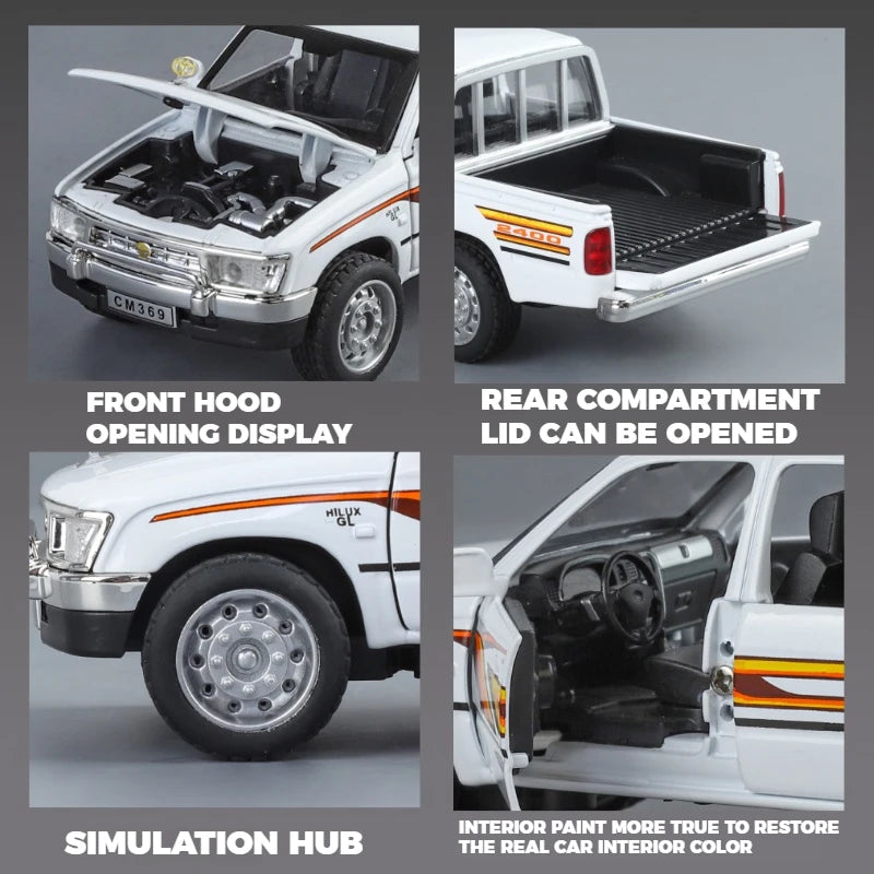 1:32 Toyota Hilux Off Road Pickup Truck Alloy Diecast Metal Model Hight Simulation Sound Light Toy Desktop Ornaments Boys Gifts