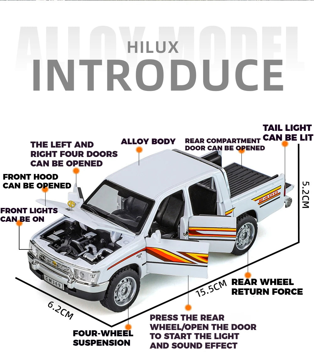 1:32 Toyota Hilux Off Road Pickup Truck Alloy Diecast Metal Model Hight Simulation Sound Light Toy Desktop Ornaments Boys Gifts