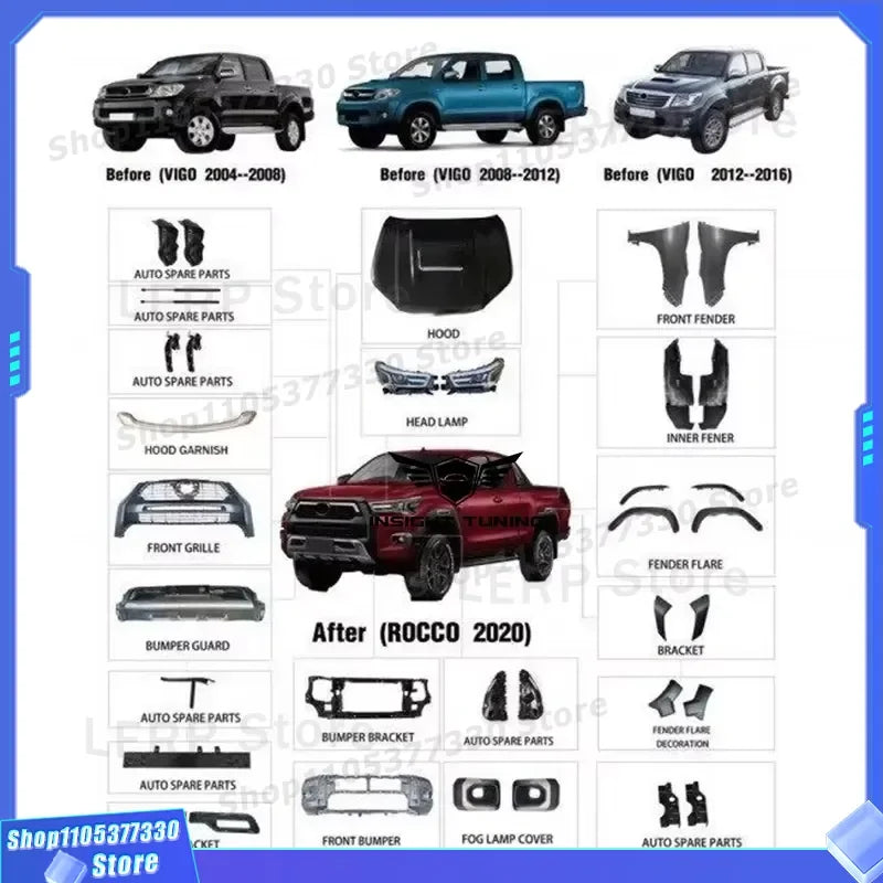 Pickup Upgrade Facelift Front Bumper Hood Body Kit for Toyota Hilux Vigo 2005 2006 2007 2008 2009 2010 2011 2012 2013 2014