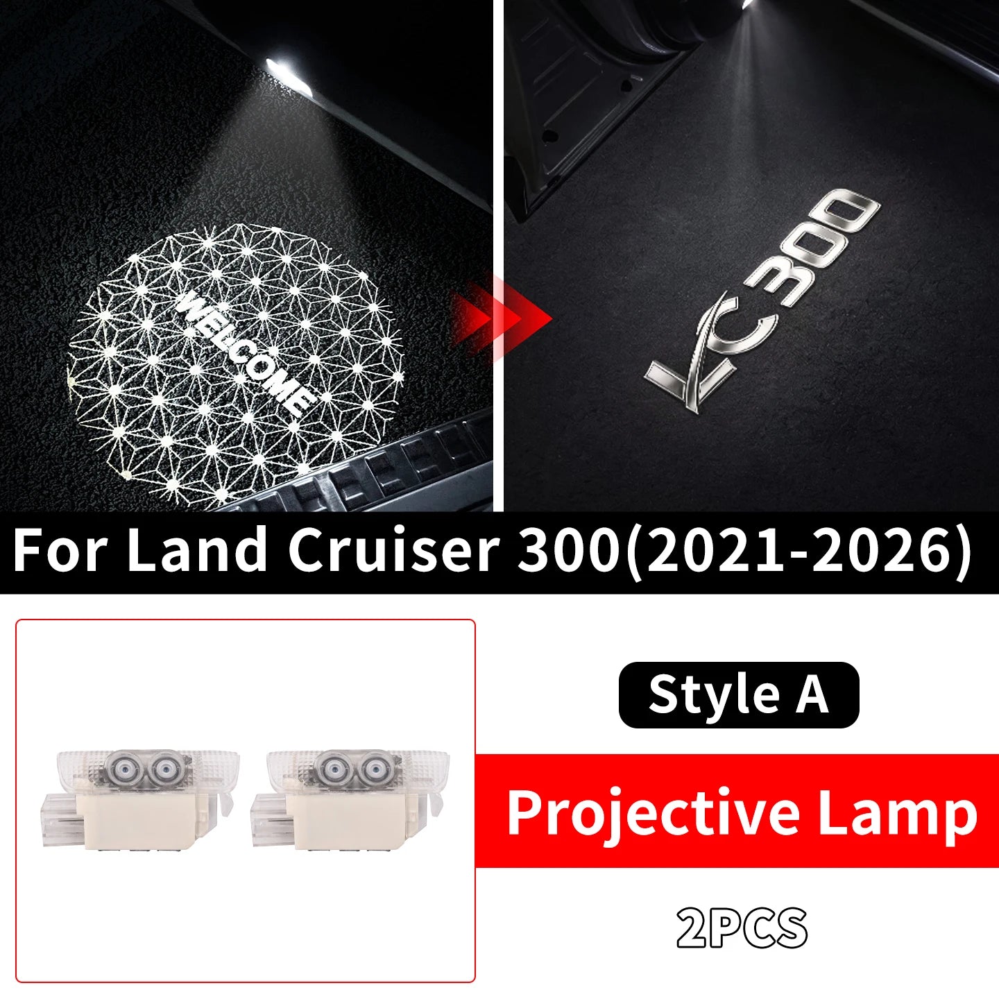 إضاءة ترحيبية مزدوجة اللون بباب سيارة تويوتا لاند كروزر 300 لعام 2022-2026 جهاز عرض LED ترحيبي لـ LC300 من إكسسوارات السيارة الخارجية