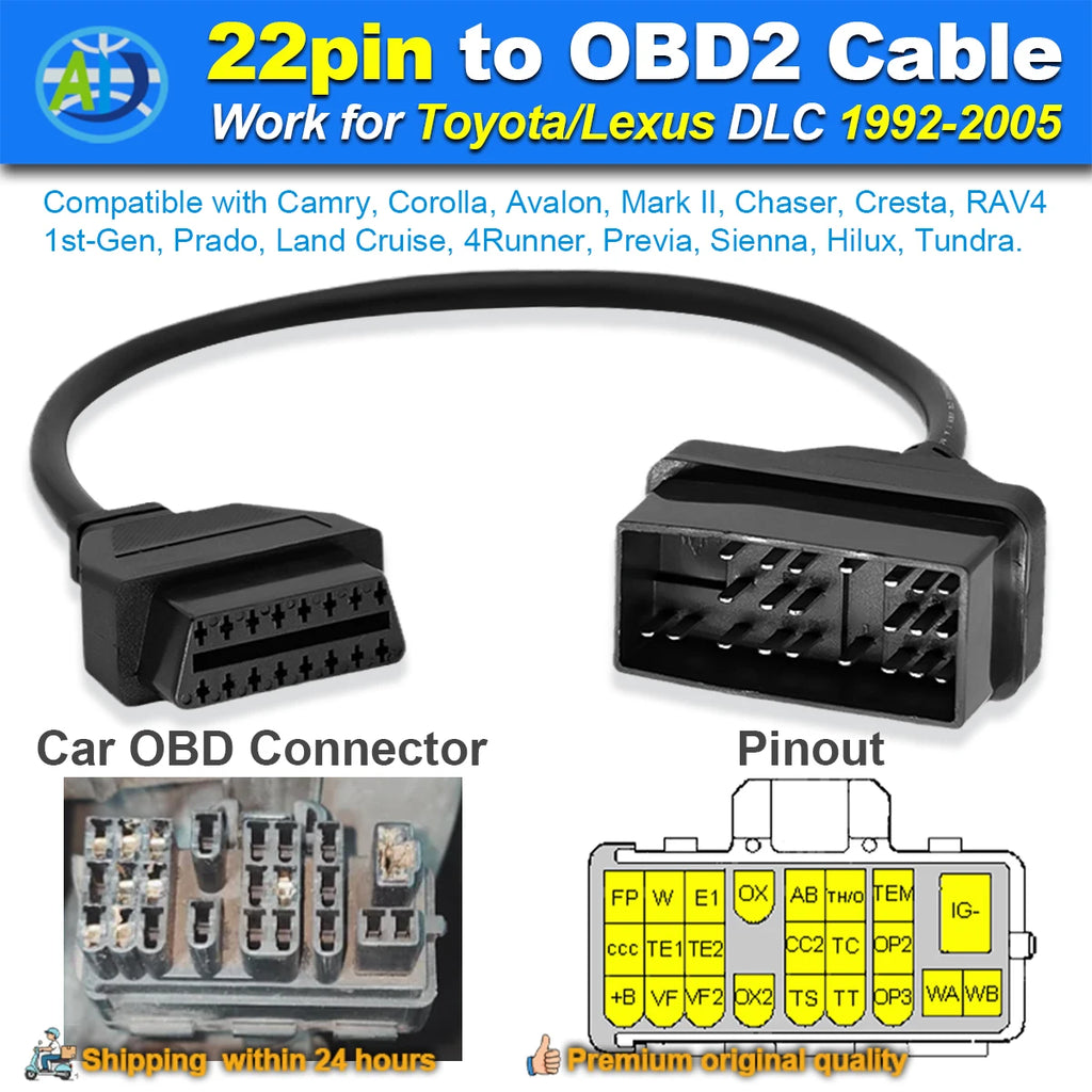 22Pin to OBD2 For Toyota DLC Diagnostic Connector OBD to OBD2 Adapter For Land-Cruiser/Carina/Camry/Crown 22Pin K-Line Diagnosis