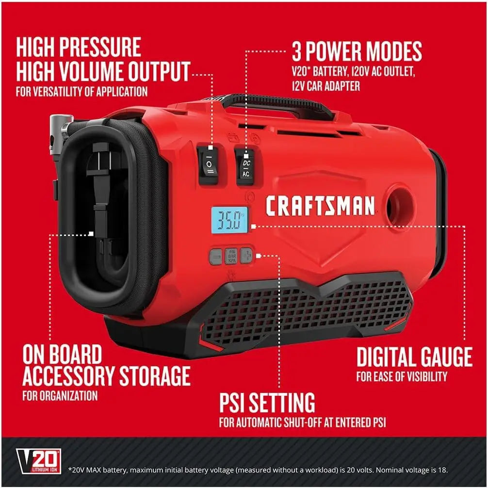 3-in-1 Tire Inflator: Cordless, 120V, 12V Car Adapter, Auto Shutoff, Digital Gauge, Portable Air Compressor