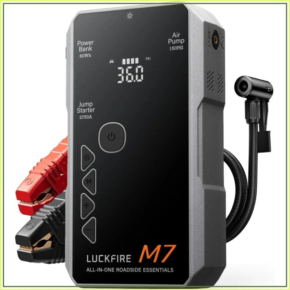 Smart Jump Starter with Air Compressor, TÜV Certified 12V Car Battery Booster, Tire Inflator, 60Wh Power Bank for 10L Gas & 8.5L Diesel