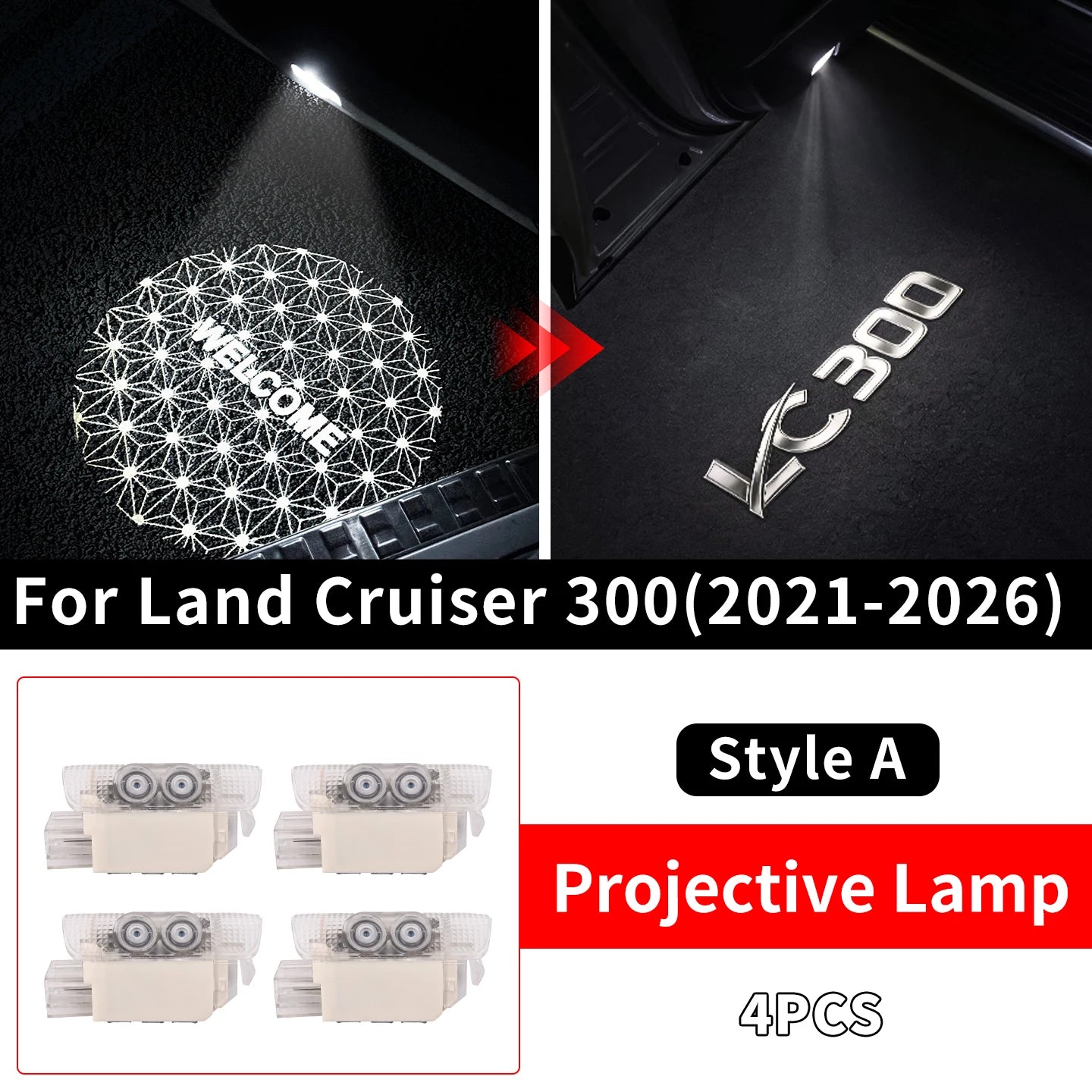 إضاءة ترحيبية مزدوجة اللون بباب سيارة تويوتا لاند كروزر 300 لعام 2022-2026 جهاز عرض LED ترحيبي لـ LC300 من إكسسوارات السيارة الخارجية