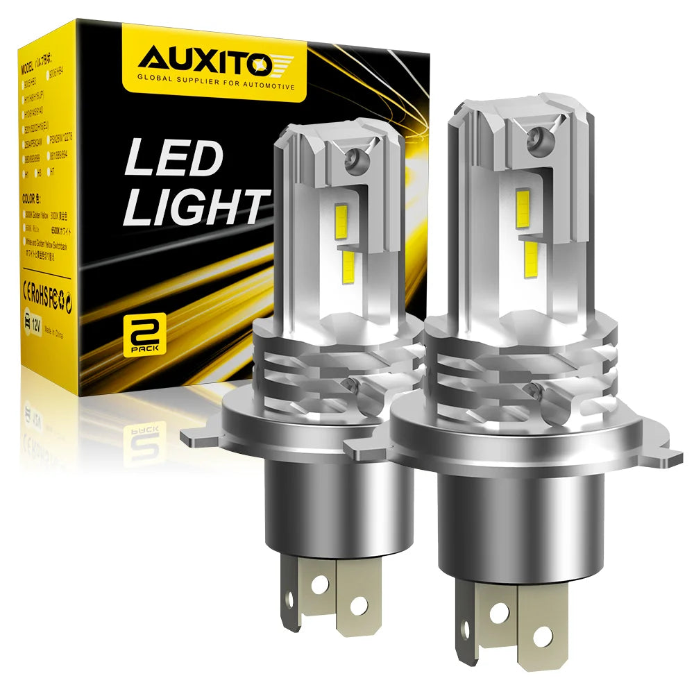 AUXITO 1/2X H4 9003 لمبة مصباح أمامي LED بدون مروحة بتقنية CSP مع كانباص 9003 مصباح أمامي LED شعاع عالي ومنخفض للسيارة والدراجات النارية 12 فولت 12000 لومن