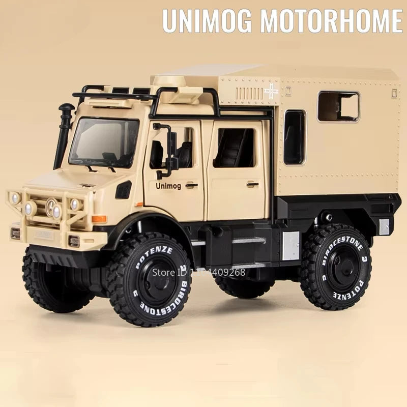 1:28 Scale Unimog U5000 Land Rover Defender Toy Car Model Rubber Tire Alloy Diecast Sound Light Off-Road Vehicle Child Toy