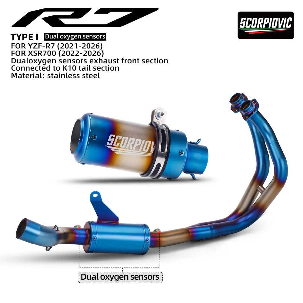 For YZF-R7 XSR700 MT-07 Motorcycle Exhaust Full System Front Pipe With Dual O2 Sensor And Slip-On Tail Muffler Moto Parts