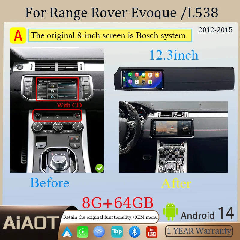 12.3inch Android14  For2012-2018 Range Rover Evoque L538 Multimedia Player Car GPS Radio Wireless Carplay Auto Original OEM Menu